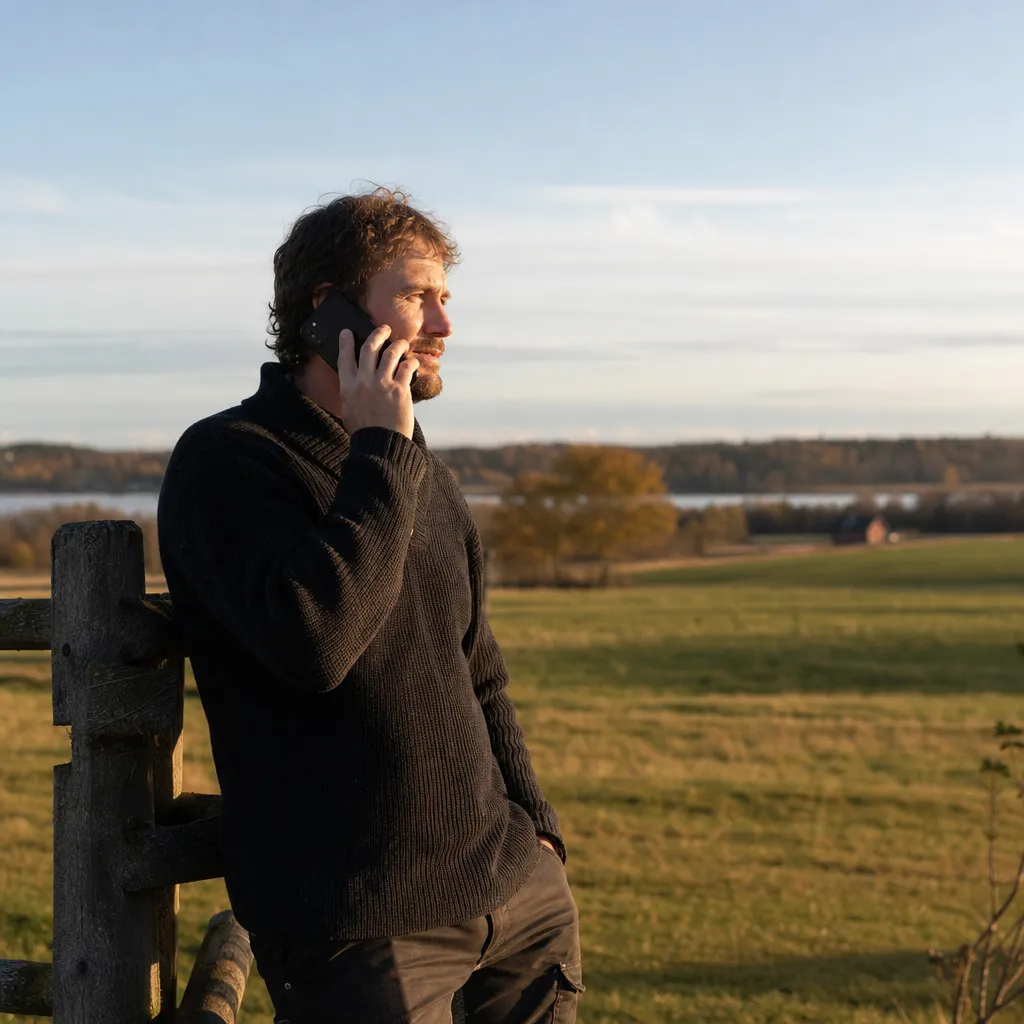 Person på svensk landsbygd som pratar i mobiltelefon med stabil 4G-täckning utanför staden