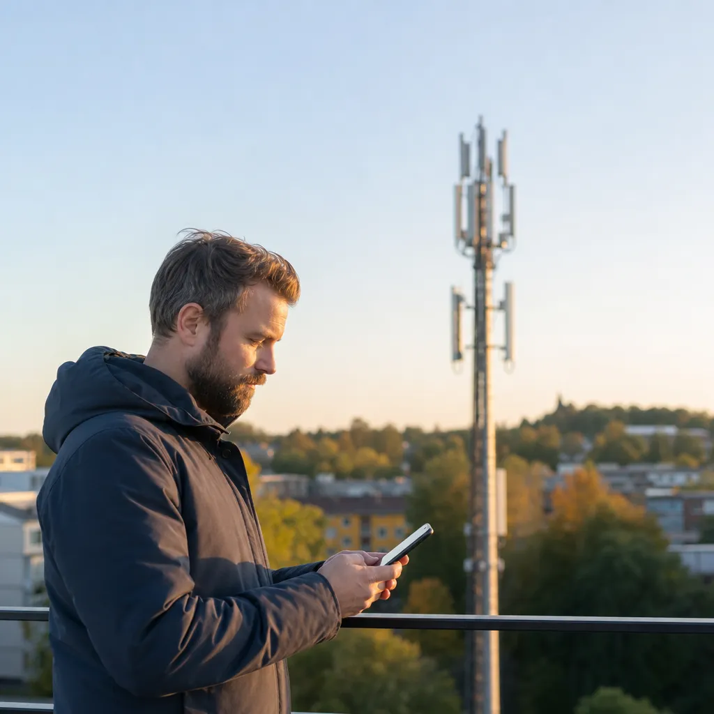 Modern svensk stadssiluett med mobilmast och person som använder smartphone på ett snabbt 5G-nät
