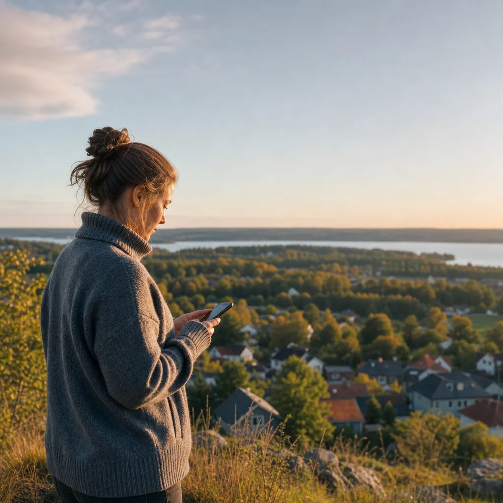 Vidsträckt svenskt landskap som möter ett bostadsområde där en person använder mobiltelefon utomhus