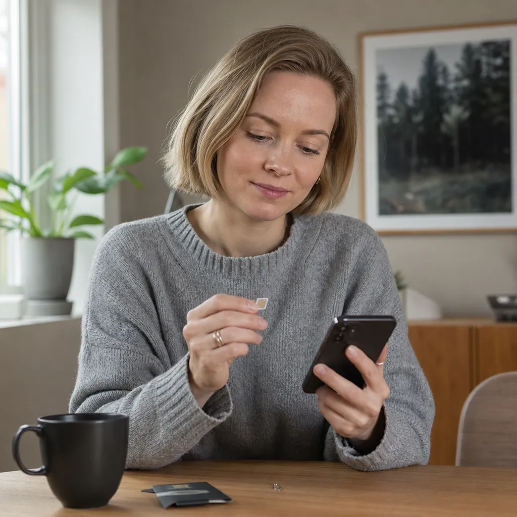 Person som håller ett SIM-kort och byter mobilabonnemang för bättre täckning