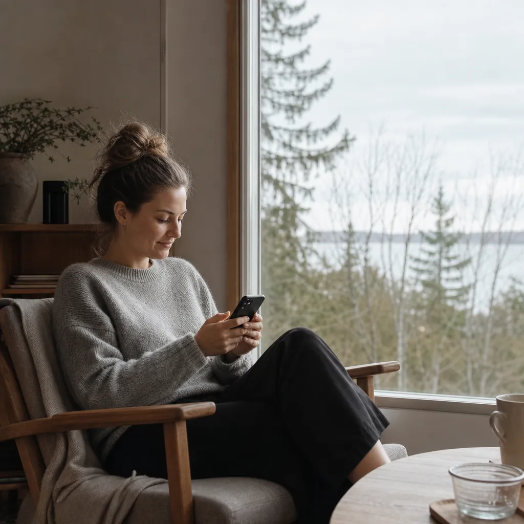 Person använder mobilen i en avslappnad svensk vardagsmiljö – Chilimobil utan bindningstid
