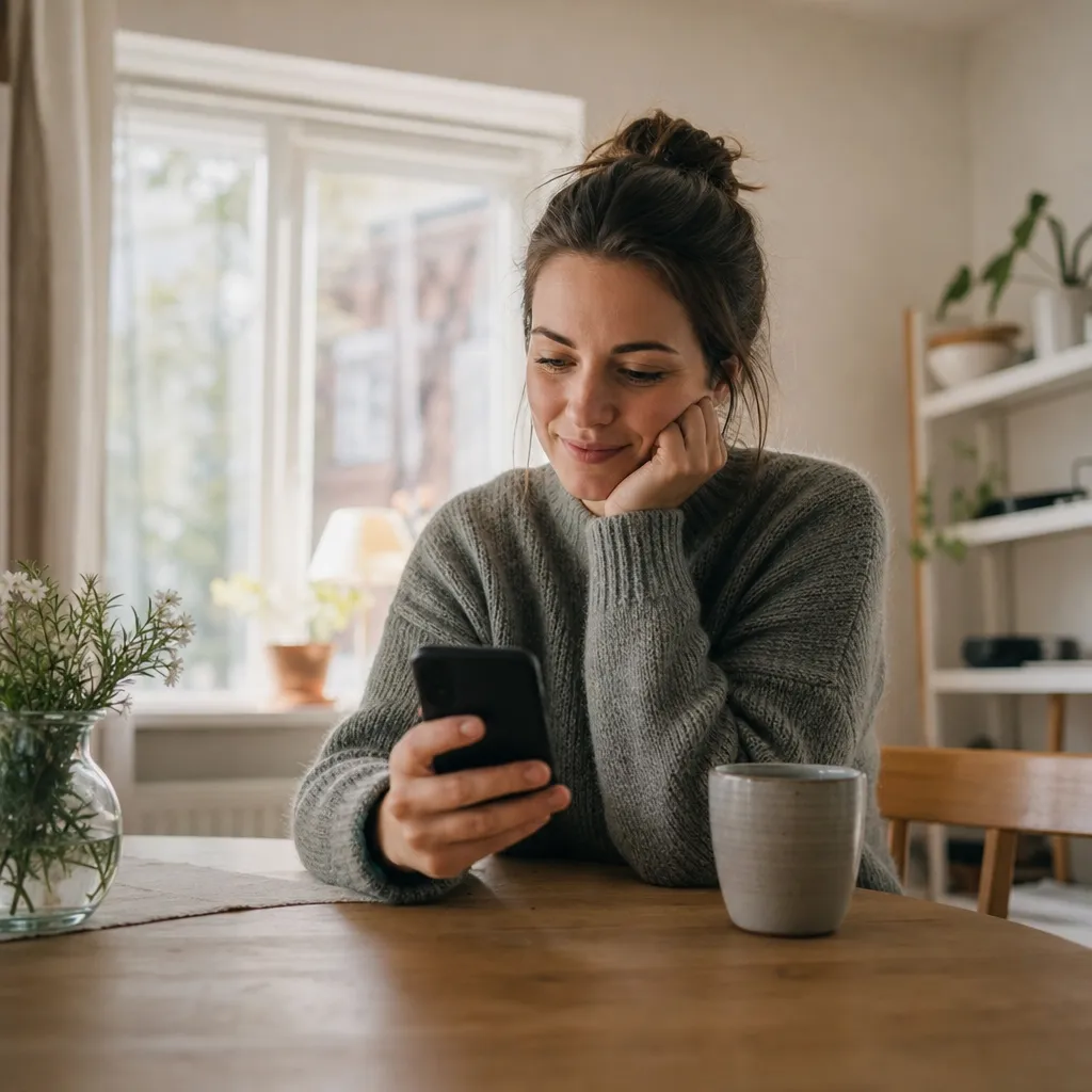 Person kollar mobilen i vardaglig svensk miljö och jämför billigt mobilabonnemang