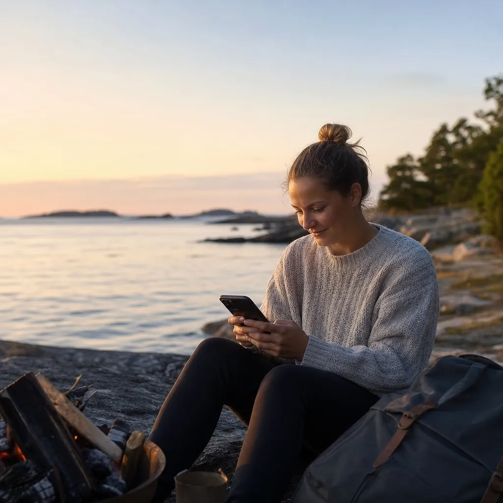 Person utomhus i Europa som använder mobilen med Fello – EU-roaming på Telias nät