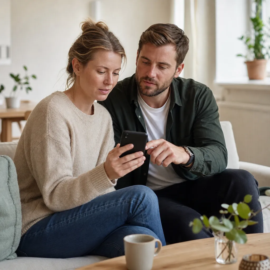 Person som läser på sin mobil hemma och får hjälp att välja mobilabonnemang utifrån täckning