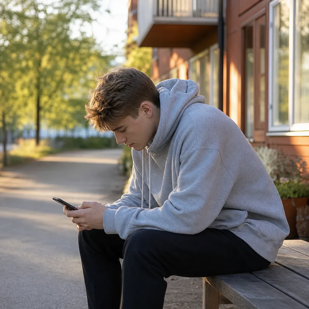 Ung person i en svensk stadsdel som använder mobilen avslappnat med snabb uppkoppling