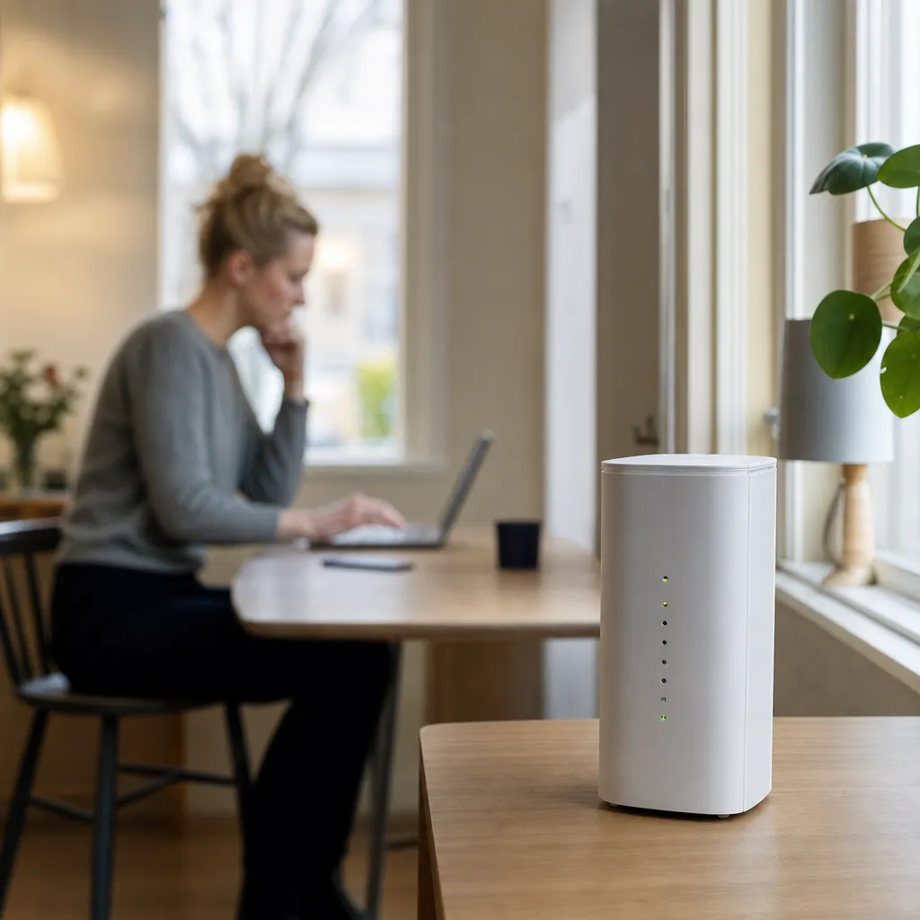 En 5G-router på ett bord i ett svenskt hem med en person som använder en laptop i bakgrunden