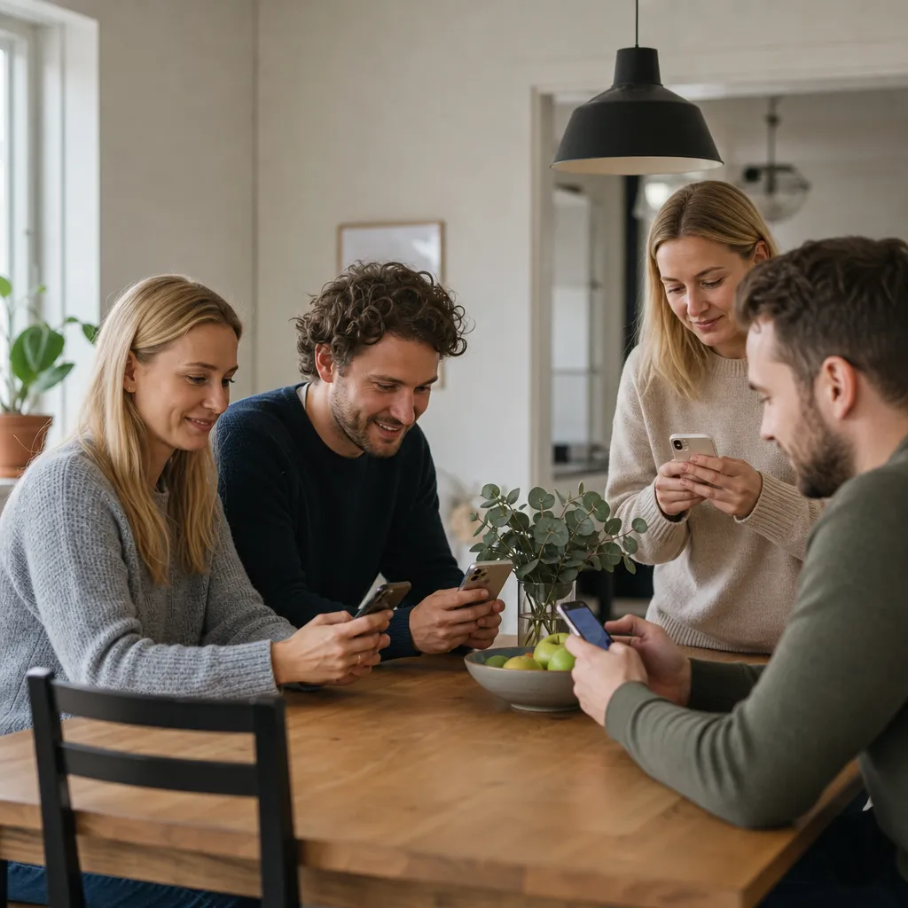 Flera personer som jämför mobiloperatörer på sina smartphones i en vardaglig svensk miljö