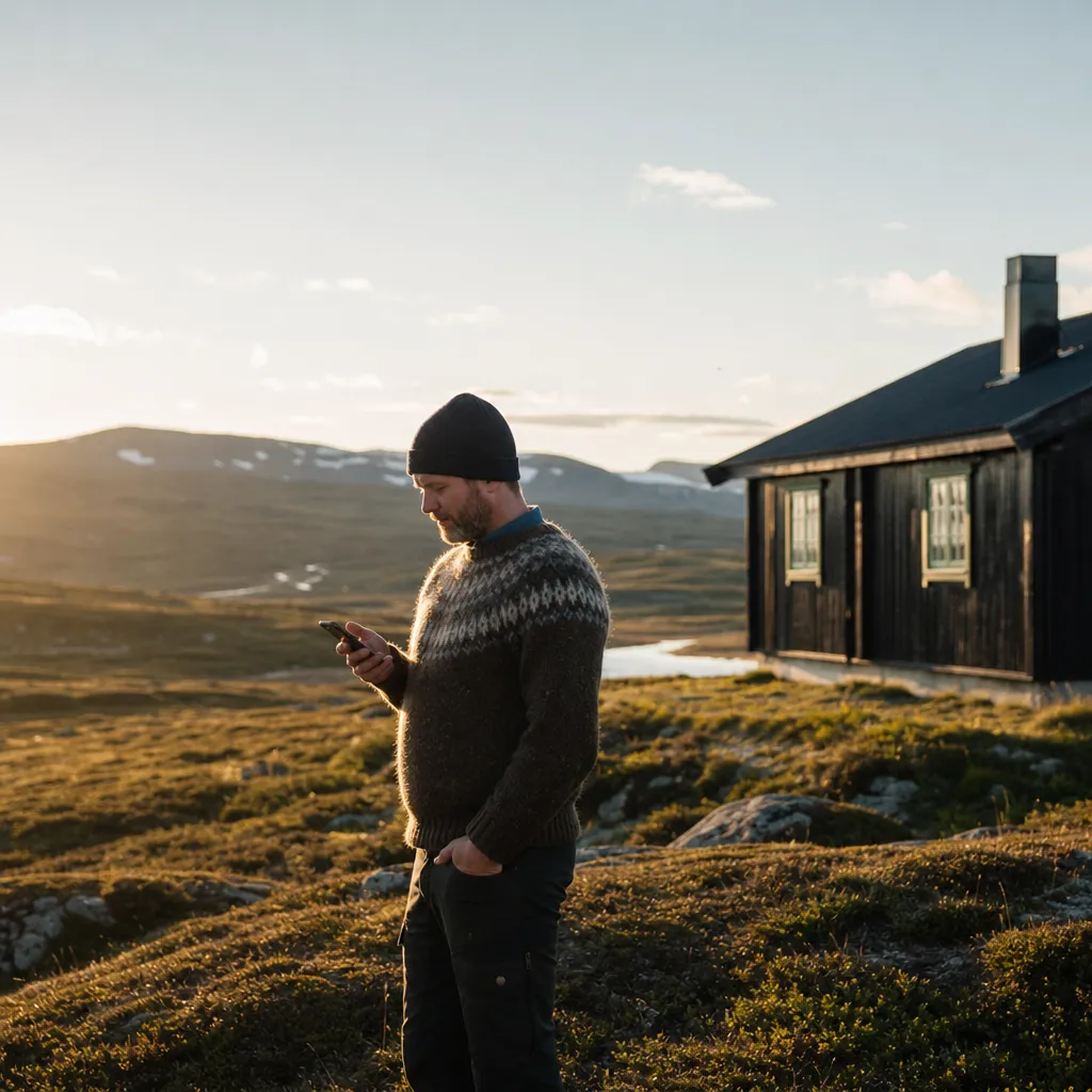 Fjällnära svensk stuga där en person använder mobiltelefon långt från staden
