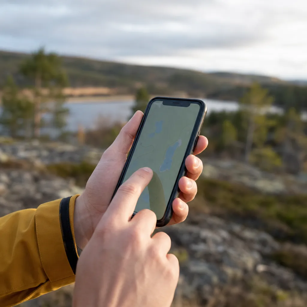 Person som håller en smartphone och kontrollerar mobiltäckning på en karta utomhus