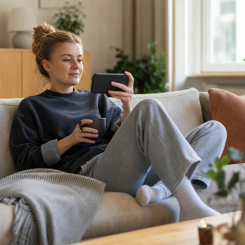 Ung vuxen som streamar på mobilen i en svensk vardagsmiljö med Tele2-täckning