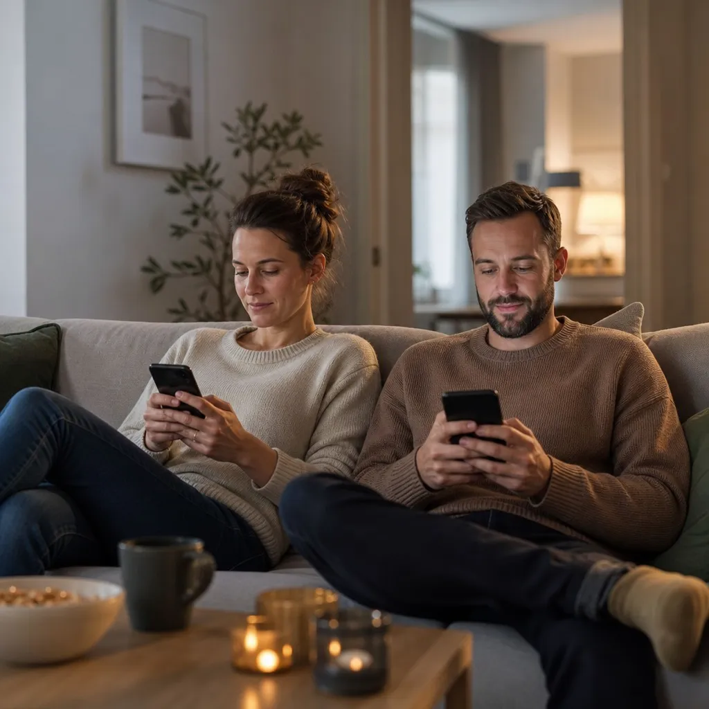 Två personer hemma i ett svenskt vardagsrum som använder mobiler med god täckning