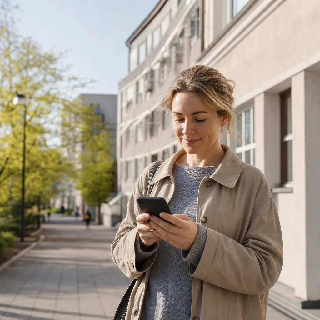 Person i svensk stadsmiljö som surfar på mobilen med god mottagning på Telias nät