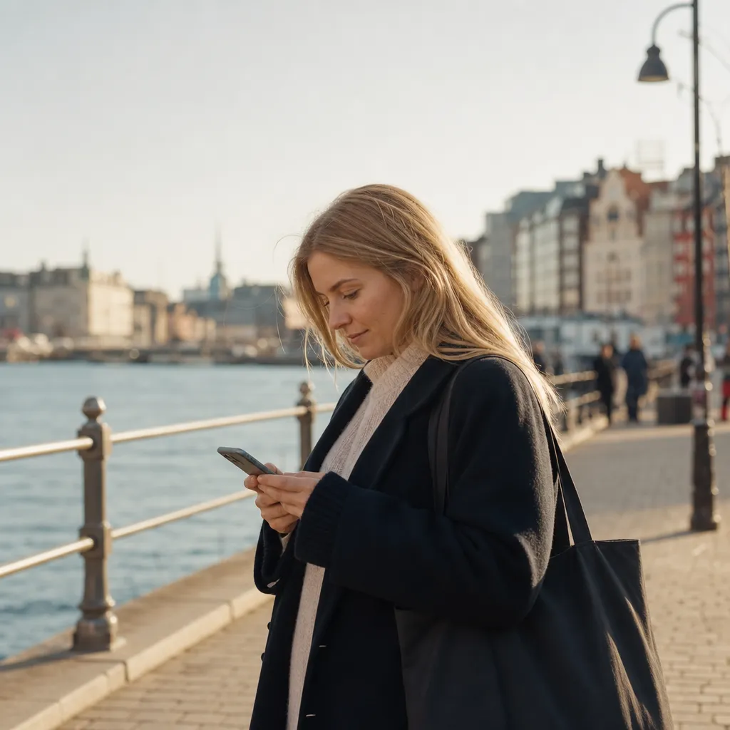 Person i en svensk innerstad som använder mobilen för en snabb uppkoppling